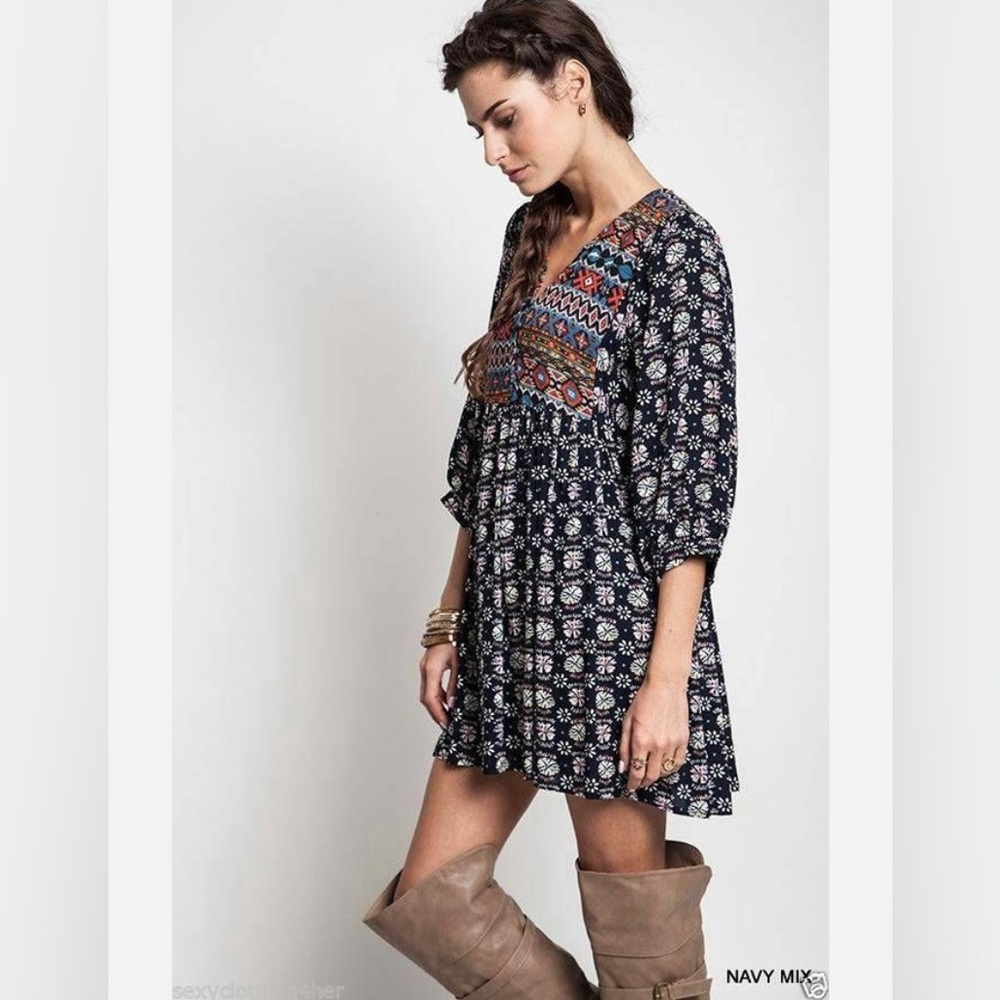 Umgee Navajo Tribal Boho Border Print V Neck Dress Coastal Cowgirl Small